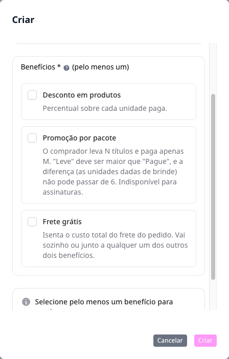 Janela de criação de cupom com os benefícios